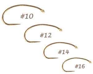 100 - Gold Barbless Light Wire Scud Hook #10-16